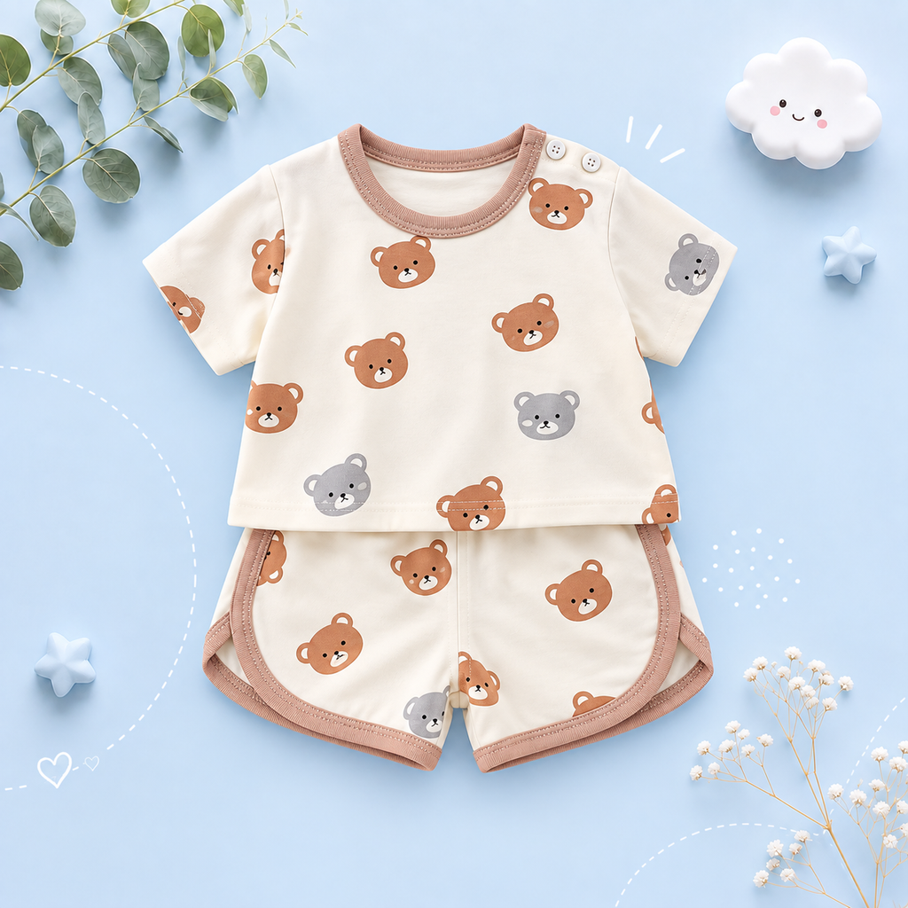 The Clark - Baby Unisex Bear Cartoon Print T-Shirt & Shorts Set