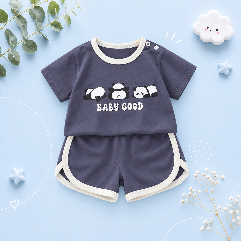 The Clark - Baby Unisex Panda Cartoon Print Blue T-Shirt & Shorts Set