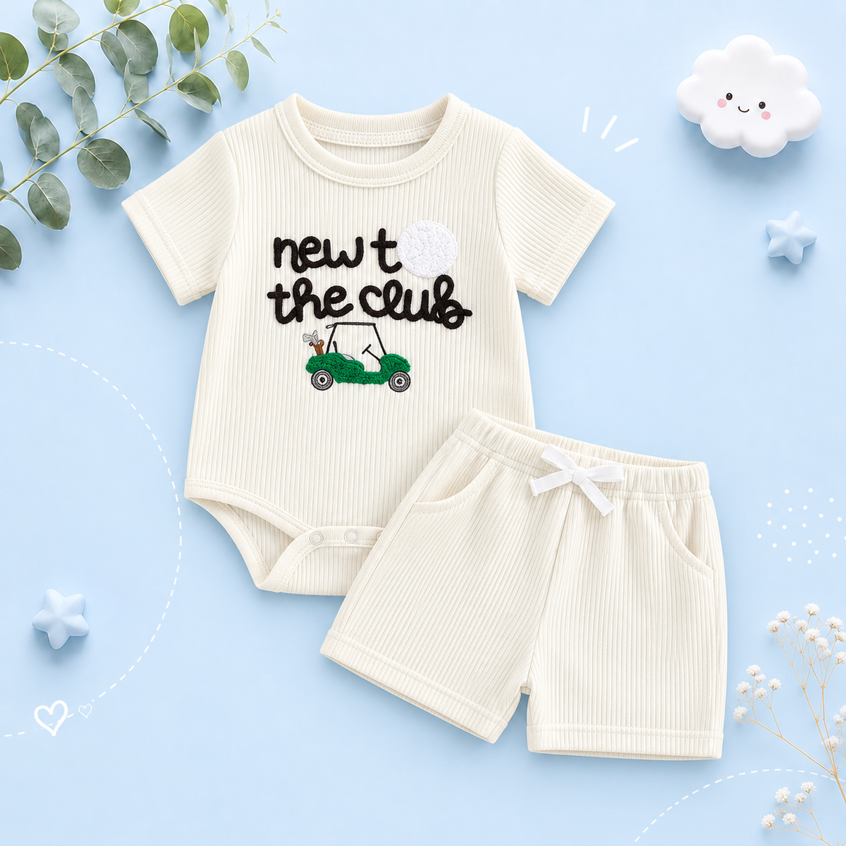 The Boston - Infant/Newborn Summer Set – Golf Embroidery Crew Neck Romper + Matching Shorts 2‑Piece