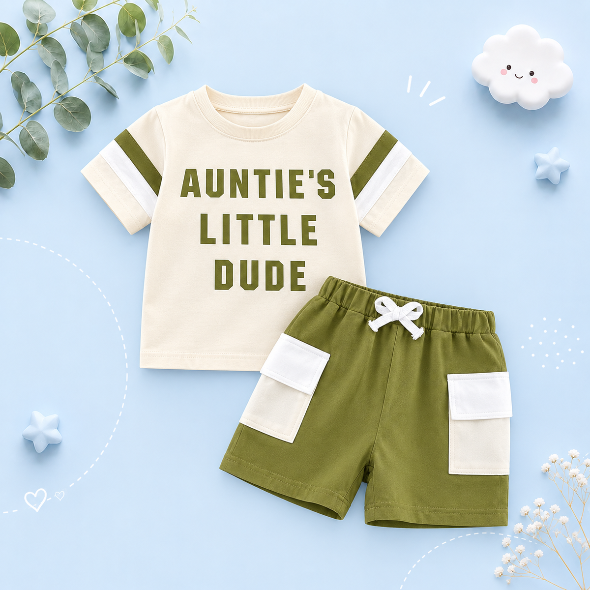 The Caiden - Baby Boy Summer Outfit Set 0–3Y – Short Sleeve O‑Neck Letter Print Top & Drawstring Cargo Shorts