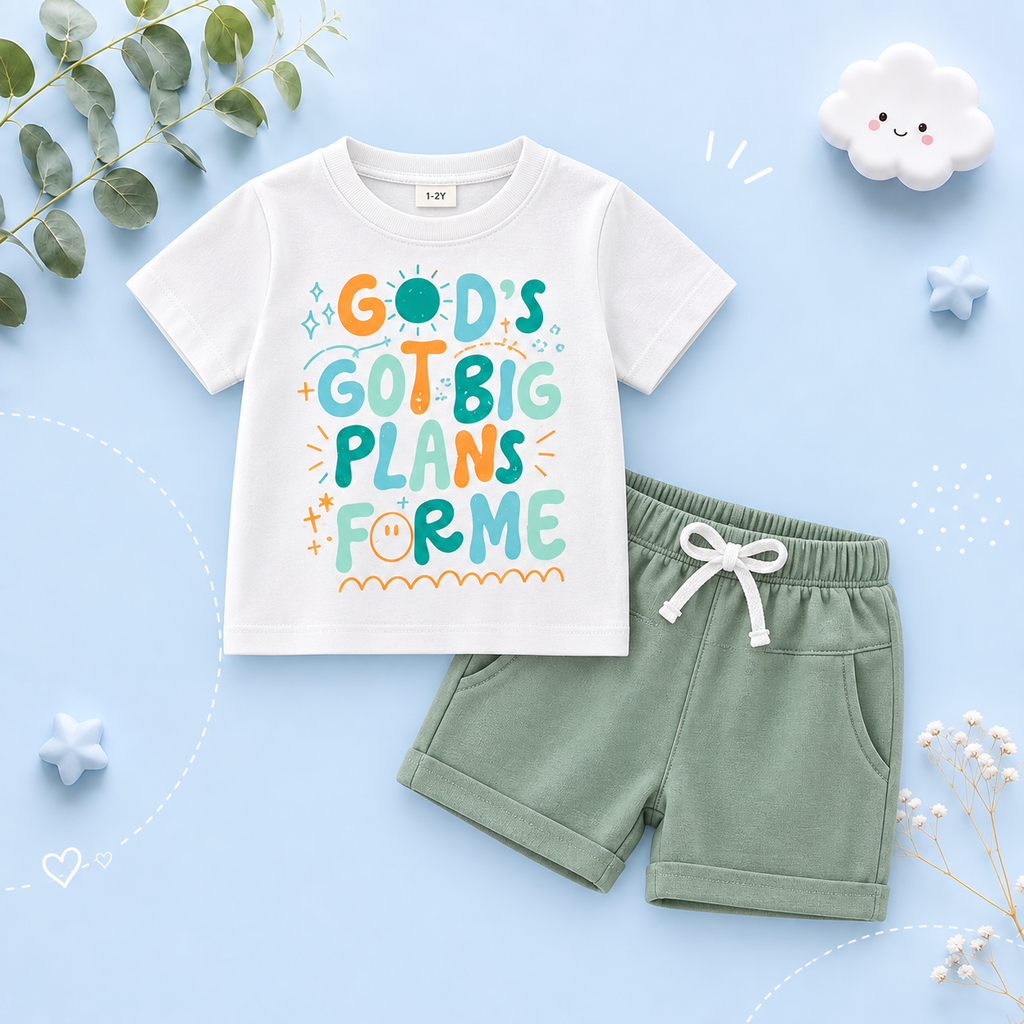 The Andy - Baby Boy White "God's Got A Big Plans For Me" Letter T-Shirt Casual + Shorts Set