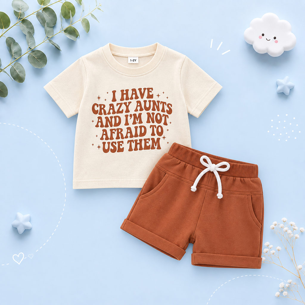 The Andy - Baby Boy White "I Have Crazy Aunts" Letter T-Shirt Casual + Shorts Set