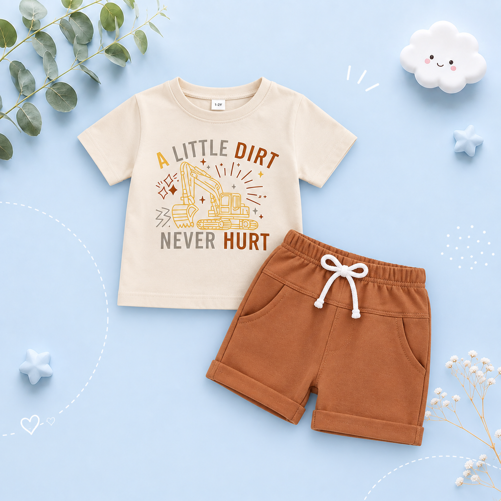 The Andy - Baby Boy Beige "A Little Dirt Never Hurt" Letter T-Shirt Casual + Shorts Set