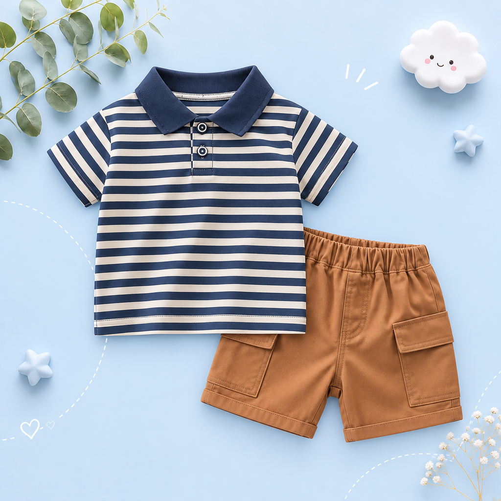 The Cillian - Baby Boy Korean Version Fashion Stripe Collar Tops and Brown Shorts
