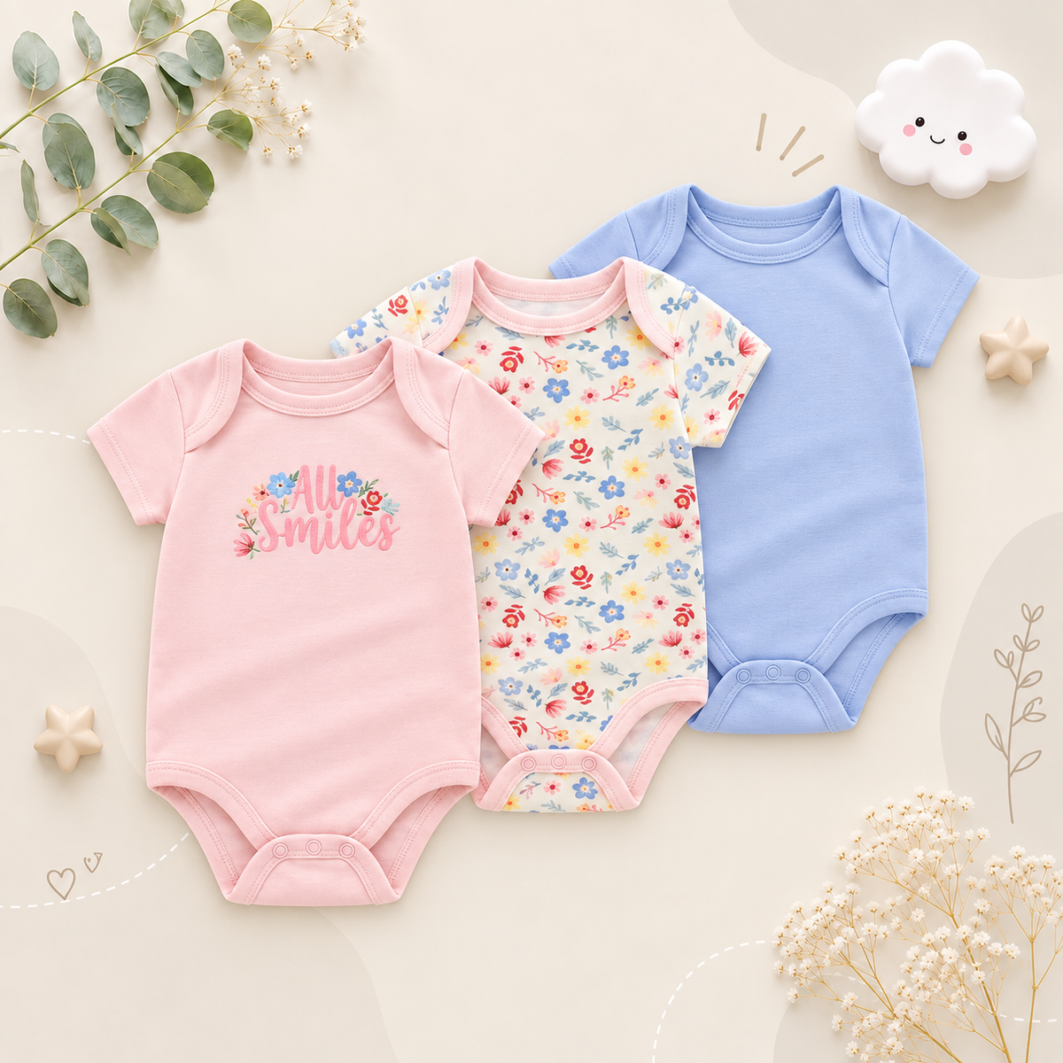 The Amani - Unisex Baby 3PCS Cartoon Cotton Short Sleeve Bodysuit Set Summer Outfit for Newborns