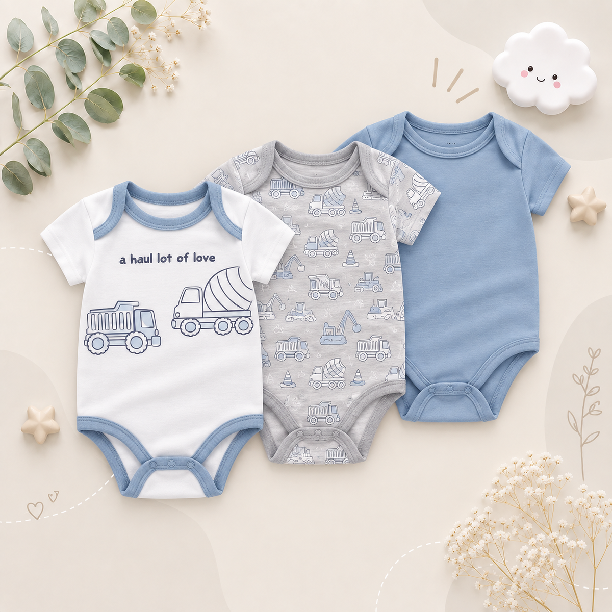 The Amani - Unisex Baby 3PCS Cartoon Cotton Short Sleeve Bodysuit Set Summer Outfit for Newborns