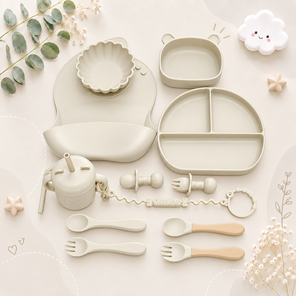 The Basil - Baby Silicone Feeding Set 13PCS Suction Bowl Plate Straw Cup & Utensils