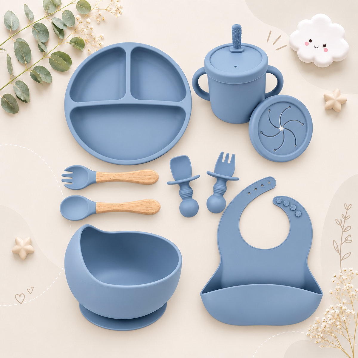 The Azriel - Baby Silicone 9 Pcs Feeding Set Suction Plate Bowl Cup & Wooden Spoon Fork