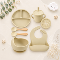 The Azriel - Baby Silicone 7Pcs Feeding Set Suction Plate Bowl Cup & Wooden Spoon Fork