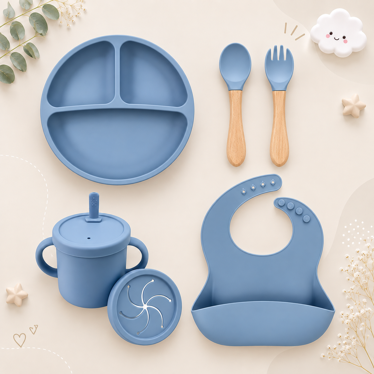 The Azriel - Baby Silicone 6Pcs Feeding Set Suction Plate Bowl Cup & Wooden Spoon Fork
