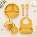 The Azriel - Baby Silicone 6Pcs Feeding Set Suction Plate Bowl Cup & Wooden Spoon Fork
