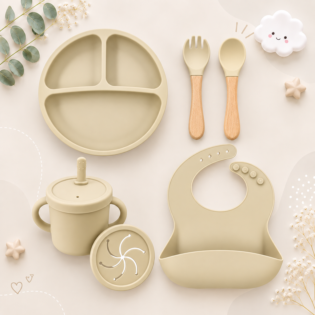 The Azriel - Baby Silicone 6Pcs Feeding Set Suction Plate Bowl Cup & Wooden Spoon Fork