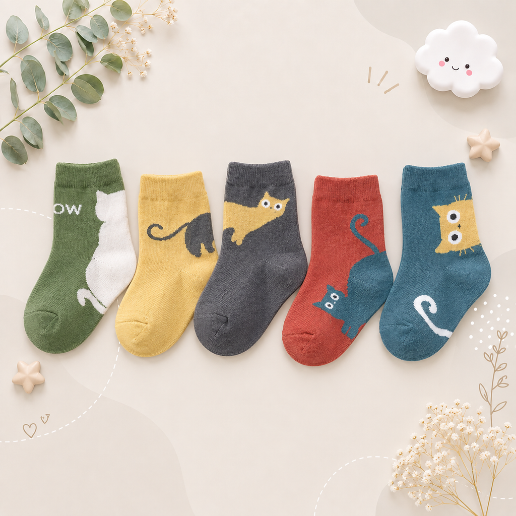 The Camilo - Baby Unisex 5 Pairs Cartoon Cat Pattern Breathable Socks