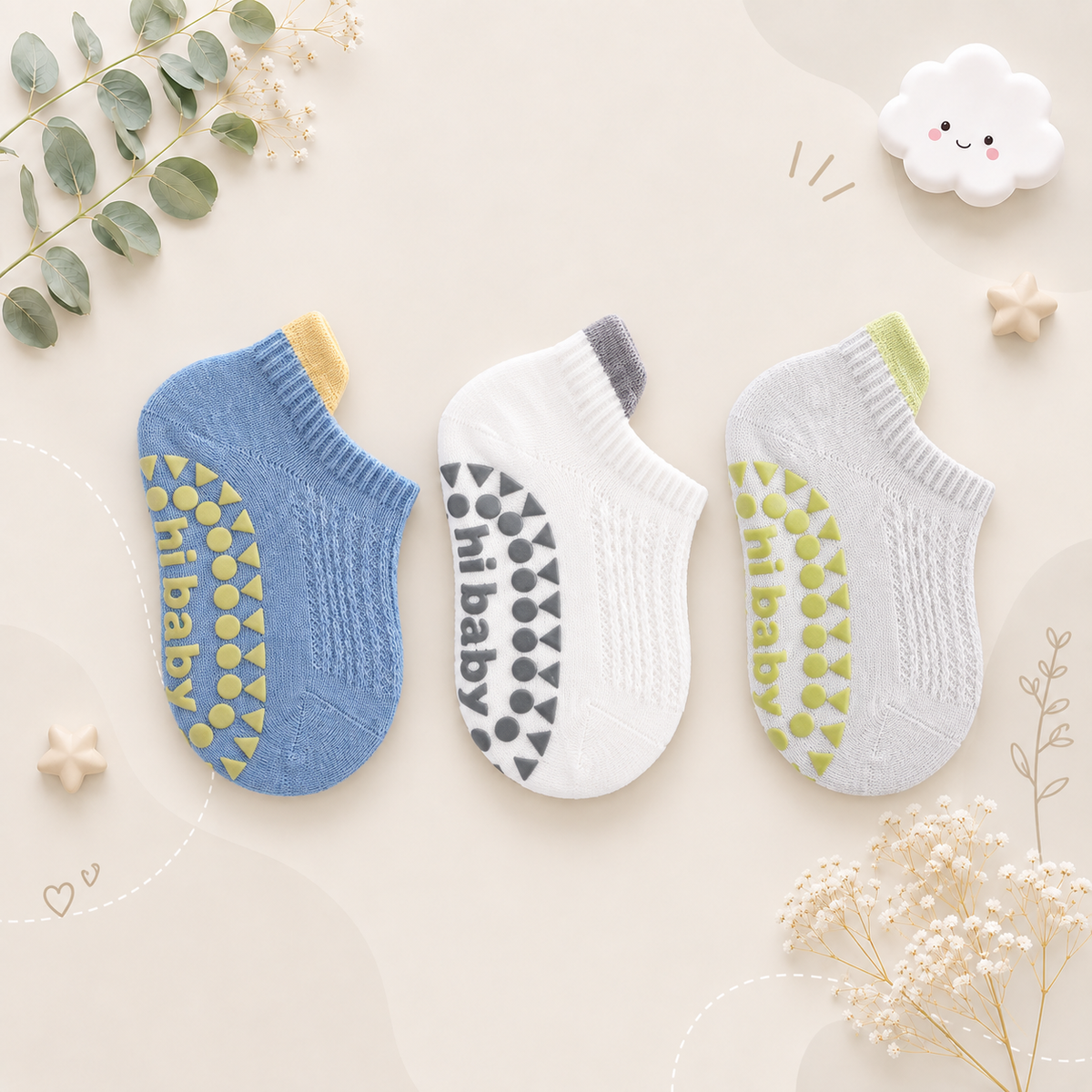 The Brooklynn - Baby Unisex 3 Pairs Cotton Thin Mesh Non-Slip Floor Socks