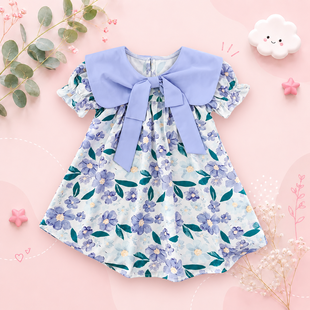 The Ava - Baby Girl Flip Neck Bow Flower Print Bubble Sleeve Dress