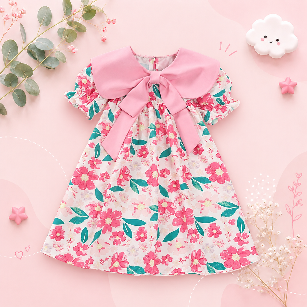 The Ava - Baby Girl Flip Neck Bow Flower Print Bubble Sleeve Dress