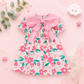 The Ava - Baby Girl Flip Neck Bow Flower Print Bubble Sleeve Dress