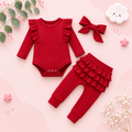 The Amy - Baby Girl Long Sleeve Ruffle Romper Bodysuits + Pants + Bow Headband