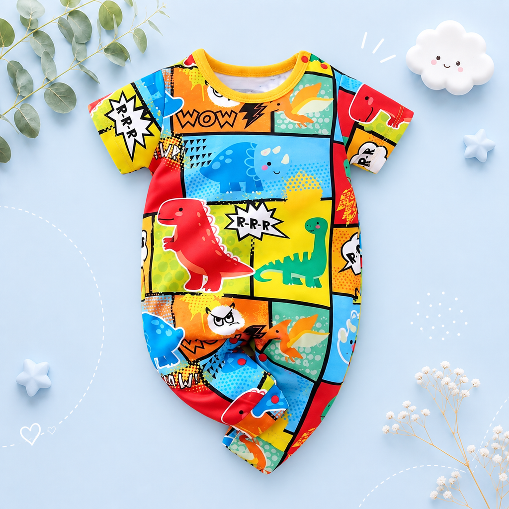 The Chaim - Newborn Baby Boy Cartoon Dinosaur Romper Contrast Color Summer Outfit