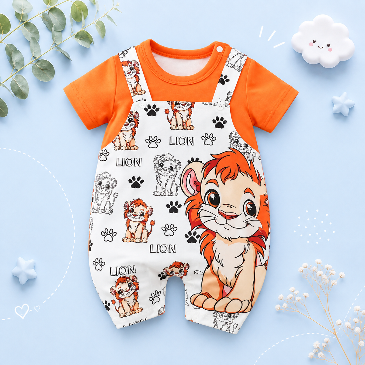 The Ahmad - Newborn Baby Lion Print Fake Two Piece Romper Short Sleeve Summer Outfit
