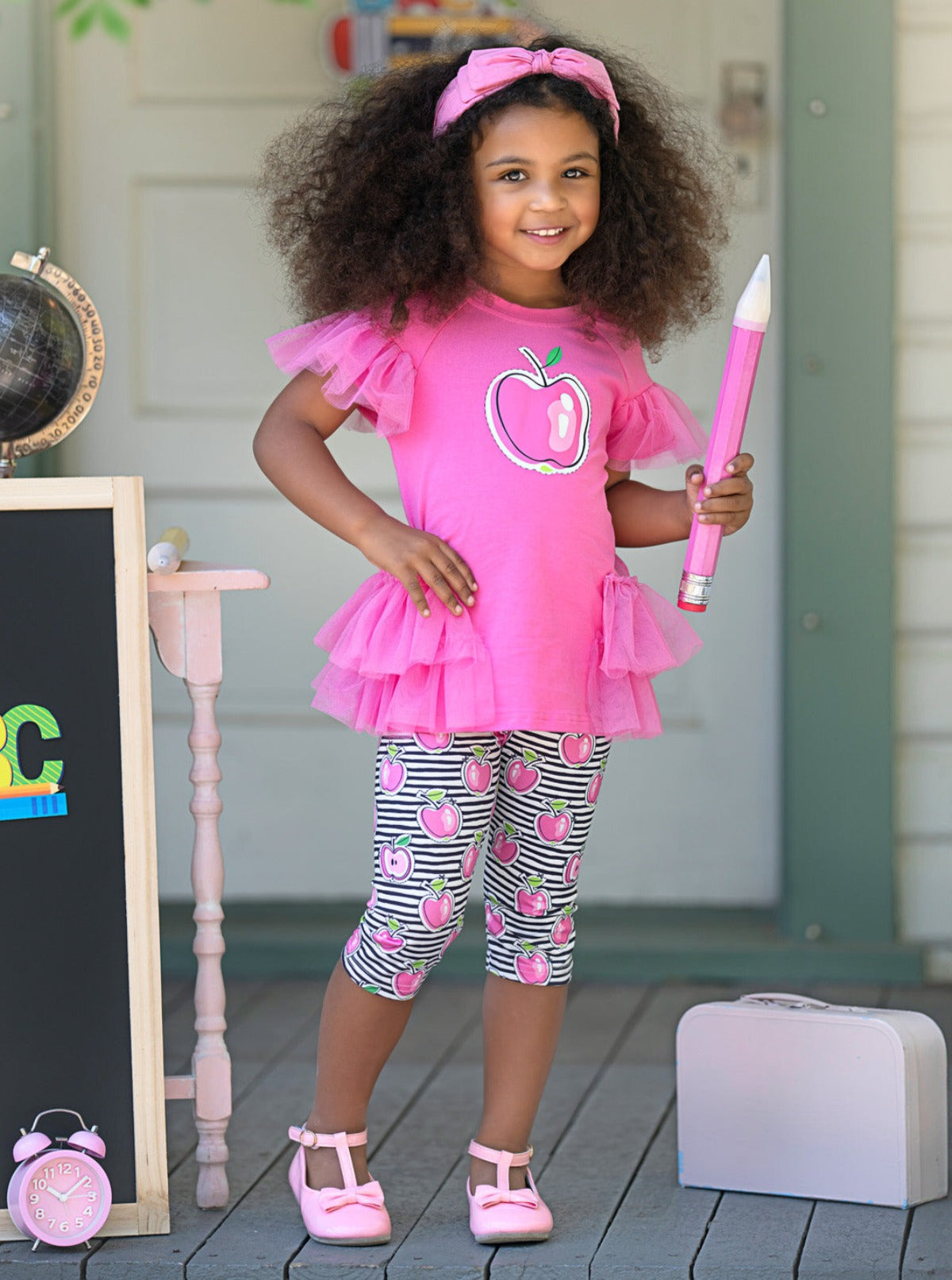 Apple Charm Ruffle Tunic and Striped Legging Set