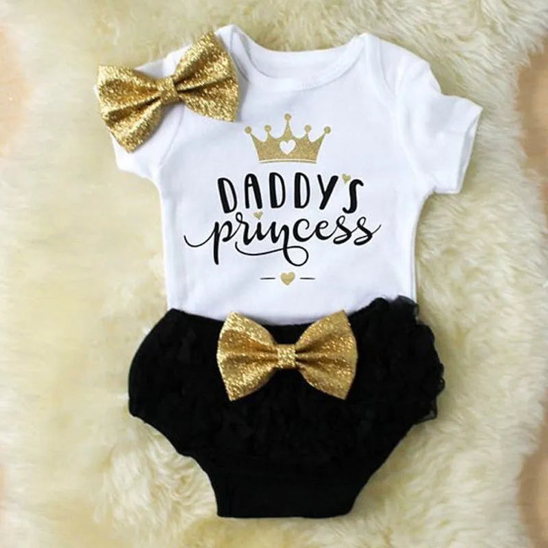 3PCS  Girl Tops Bodysuit Shorts Pants Set, “daddy’s princess”