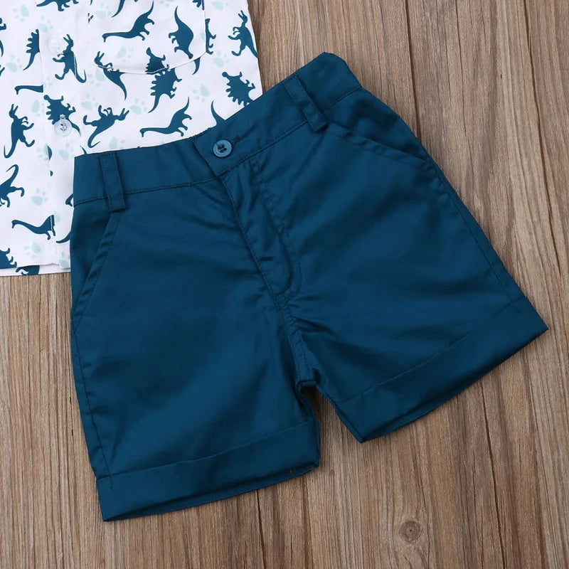 Boy Dinosaur Collar Short Sleeve T-shirt + Pant 2Pcs Set