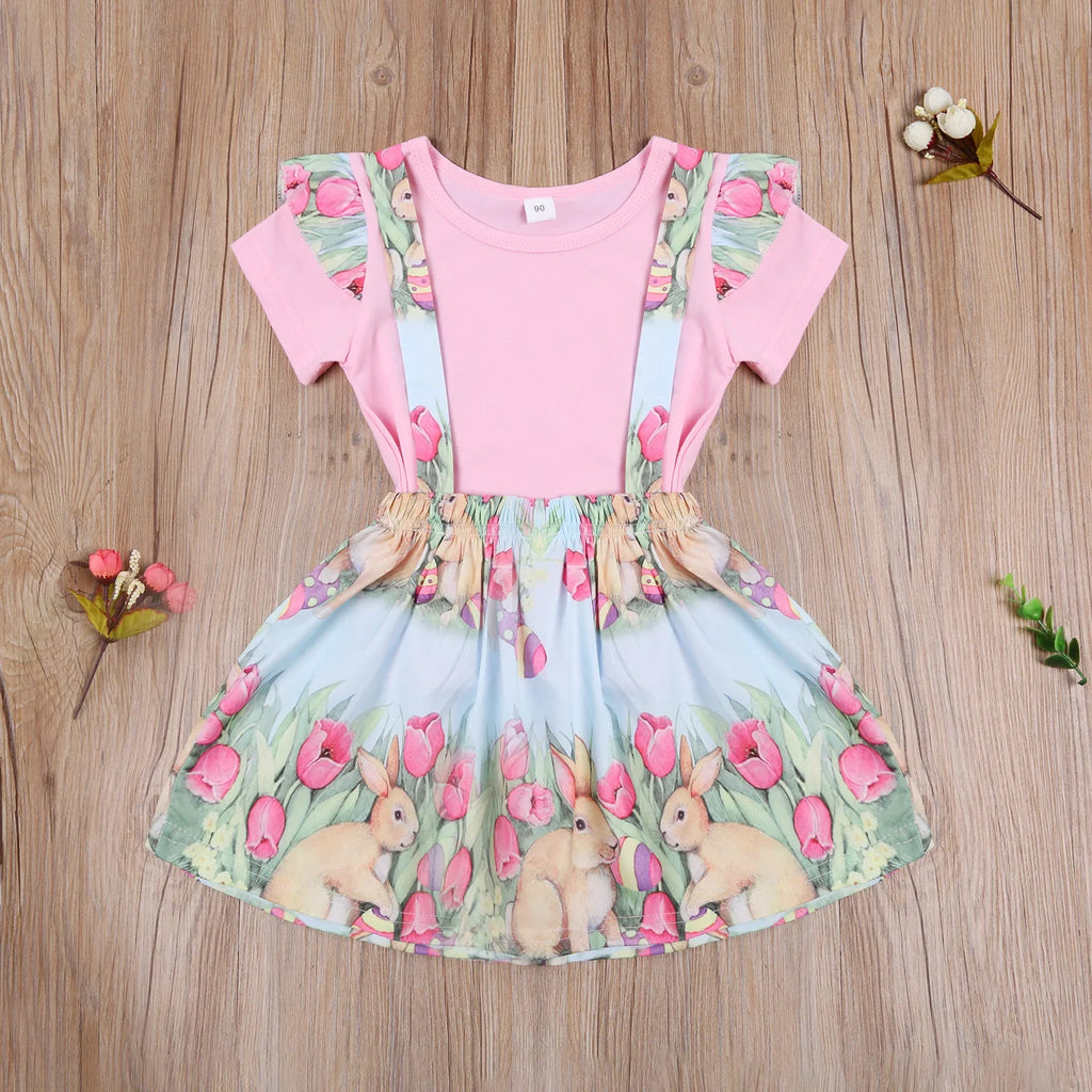 Crew Neck Solid Short Sleeve Top Bunny Straps Skirt