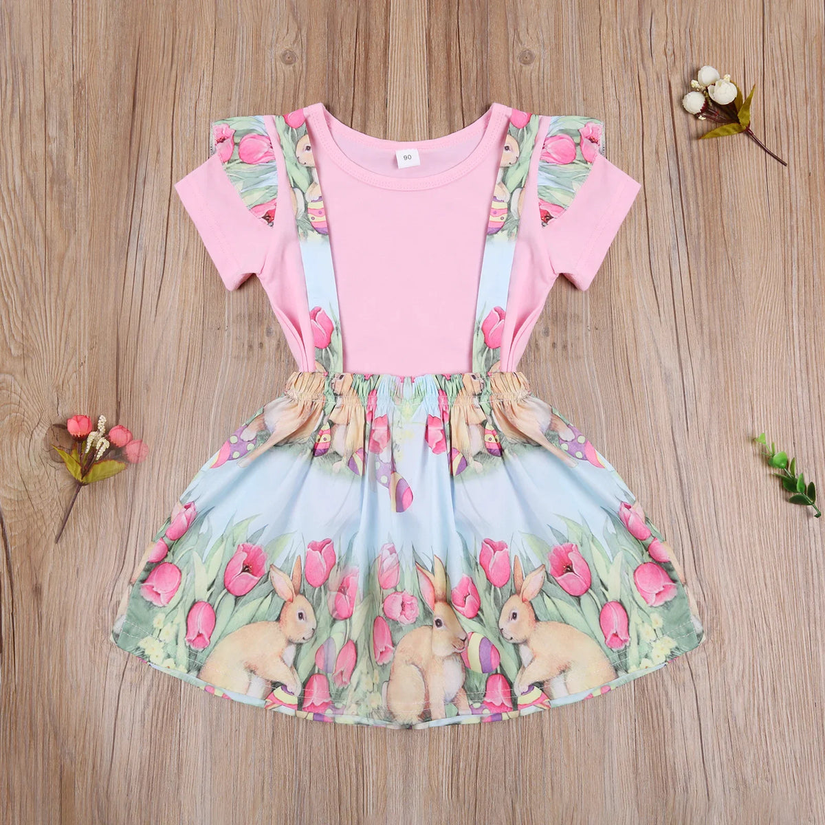 Crew Neck Solid Short Sleeve Top Bunny Straps Skirt