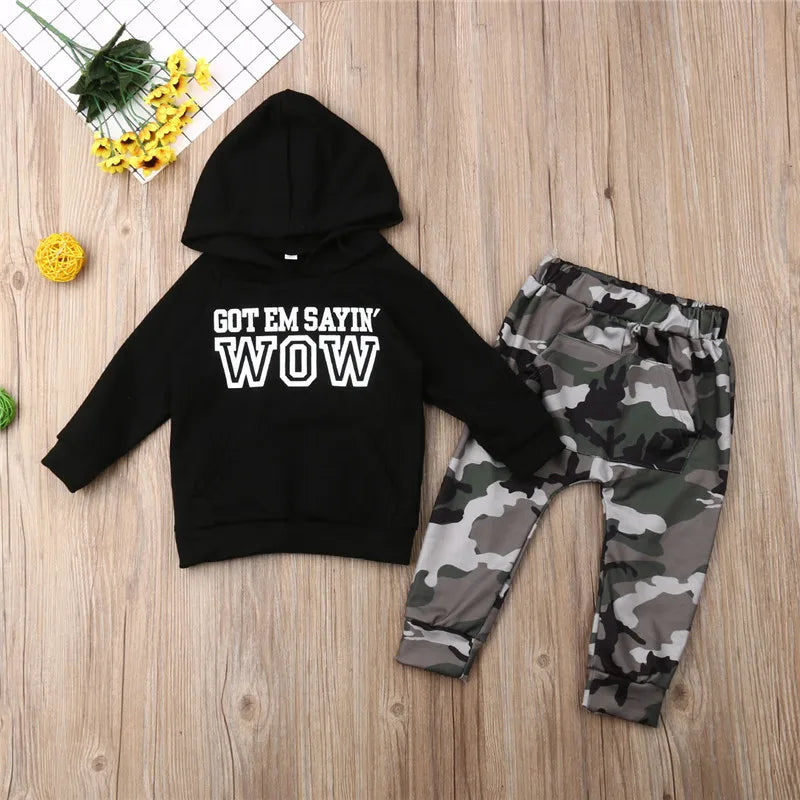 Black Letter Boys Hooded Sweater Camouflage Pants Set