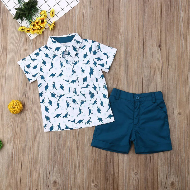 Boy Dinosaur Collar Short Sleeve T-shirt + Pant 2Pcs Set