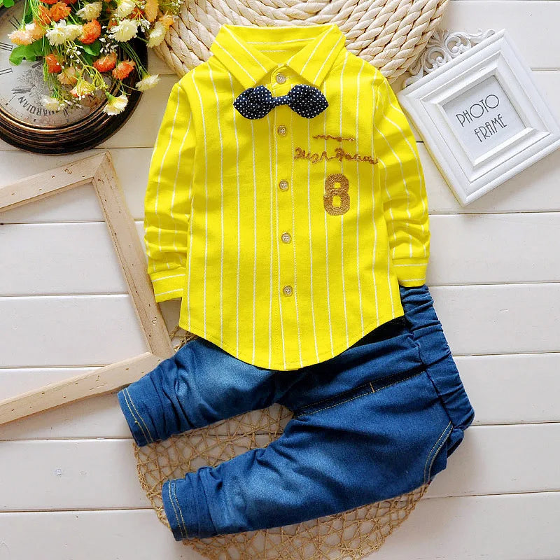 Casual Bow Tie Shirt+Pants 2pcs Sets  Denim Outfits