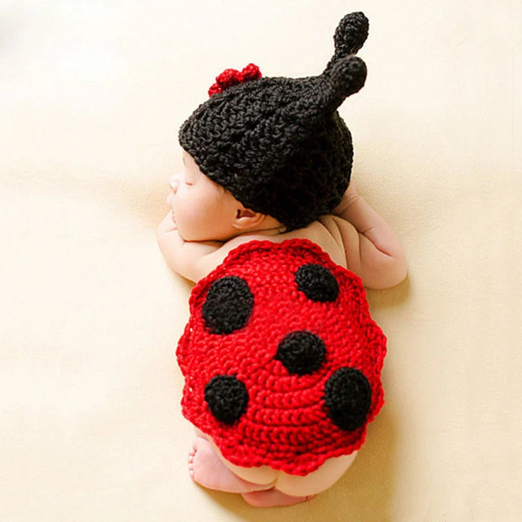Baby Photography Props Newborn Ladybird Insect Costume Boy Girl Infant Crochet Knit Hat Outfits Lace Ladybird