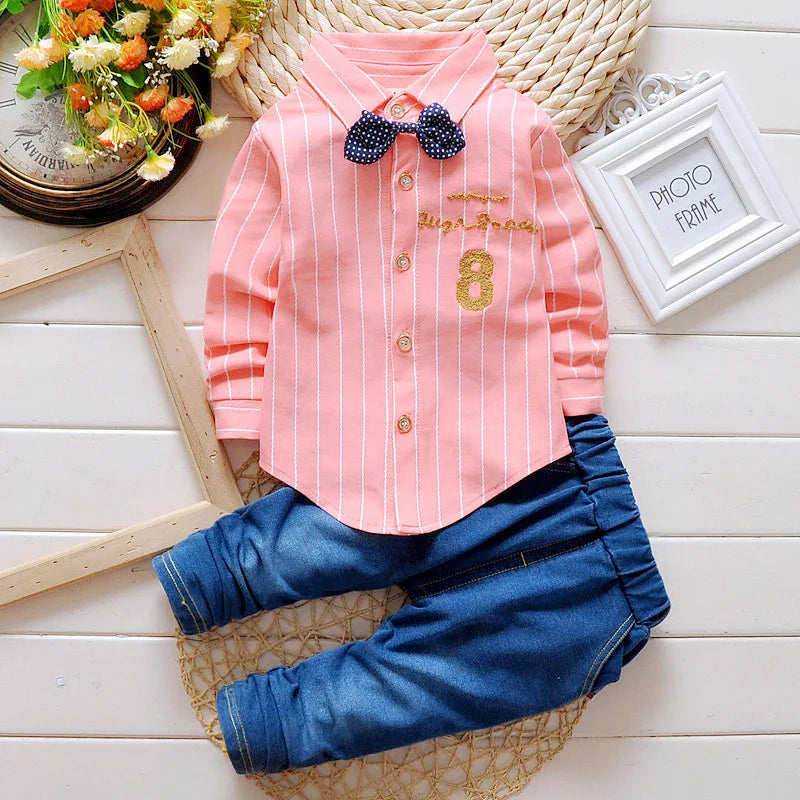Casual Bow Tie Shirt+Pants 2pcs Sets  Denim Outfits