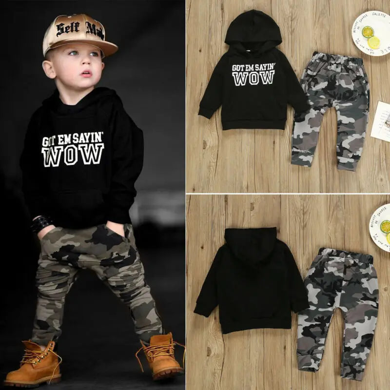 Black Letter Boys Hooded Sweater Camouflage Pants Set