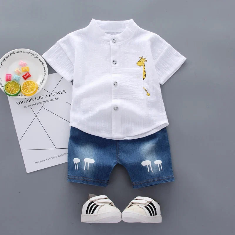 Boys Shirt Cartoon Tops and Denim Shorts Set
