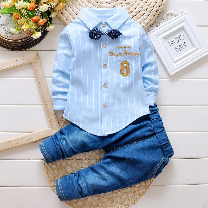 Casual Bow Tie Shirt+Pants 2pcs Sets  Denim Outfits