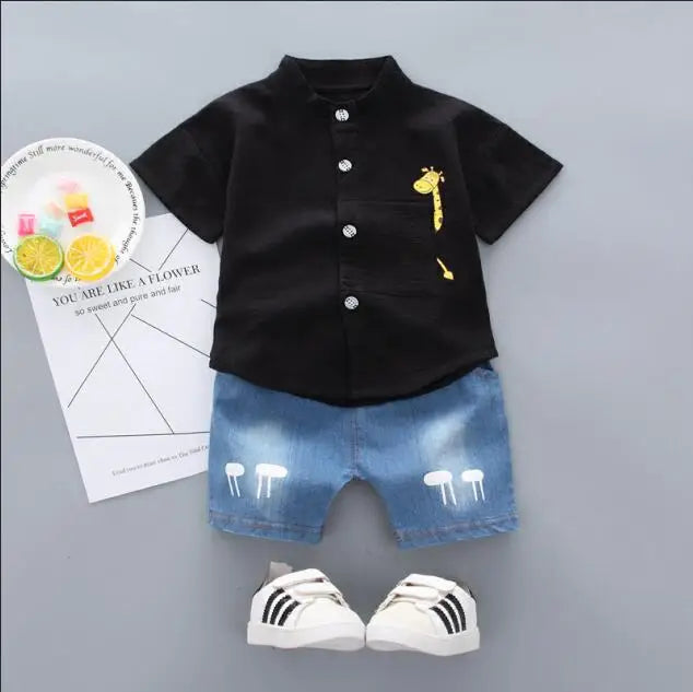 Boys Shirt Cartoon Tops and Denim Shorts Set