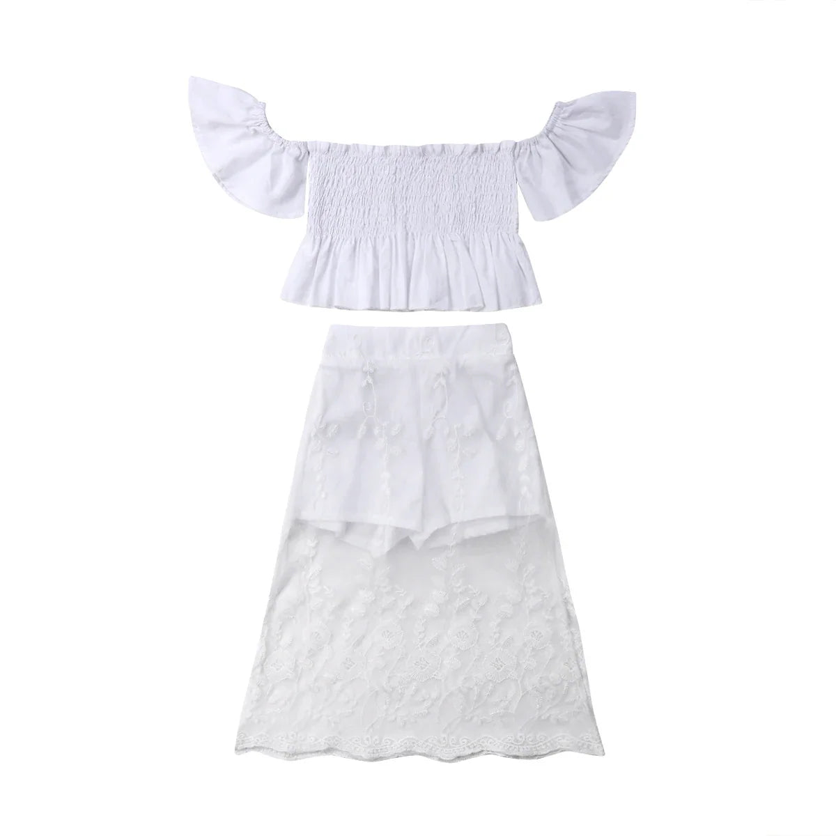 2pcs White Lace Floral Tops Long Skirt Adorable Outfit