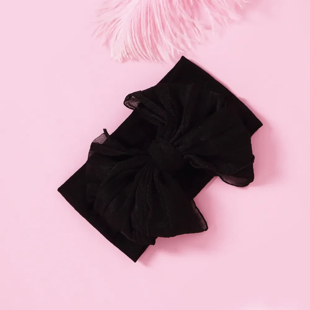 Big Ruffle Bow Nylon Headband Wide Baby Turban Super Soft Chiffon Handmade Knotted Infant Headwrap One Size Fits All JFNY200