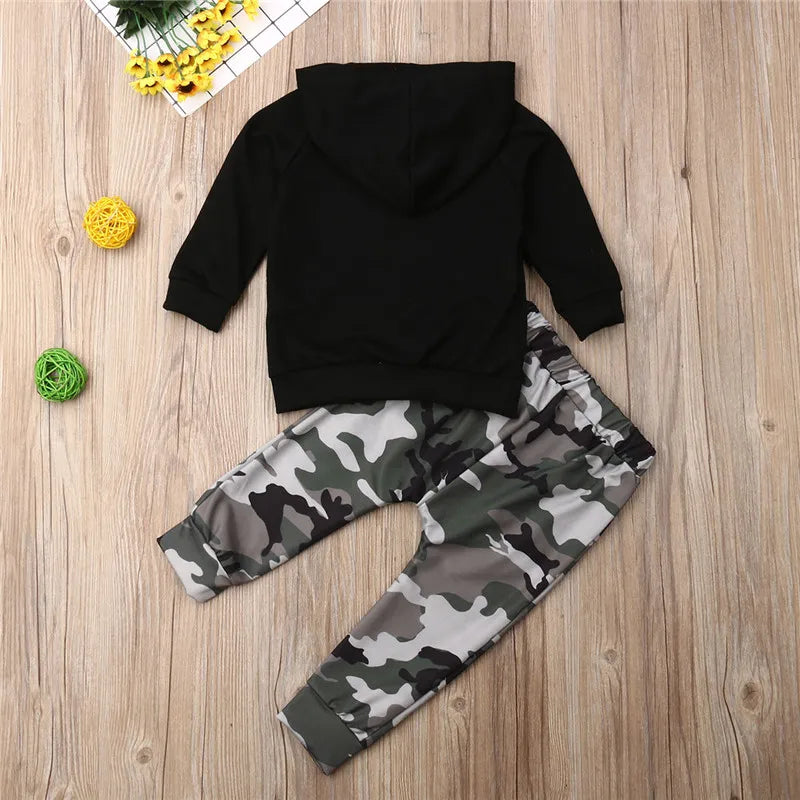 Black Letter Boys Hooded Sweater Camouflage Pants Set