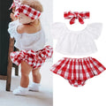 3pcs Off Shoulder Tops+Plaid Short Dress+Headband Outfit