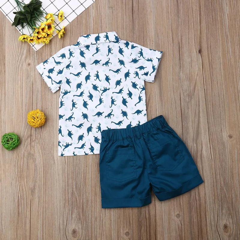Boy Dinosaur Collar Short Sleeve T-shirt + Pant 2Pcs Set