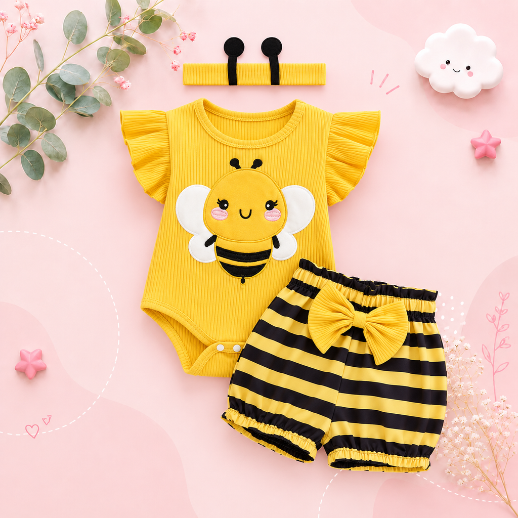 The Analia - Baby Girl 3-Piece Summer Outfit Set – Bee & Ladybug Ruffle Romper, Shorts & Headband