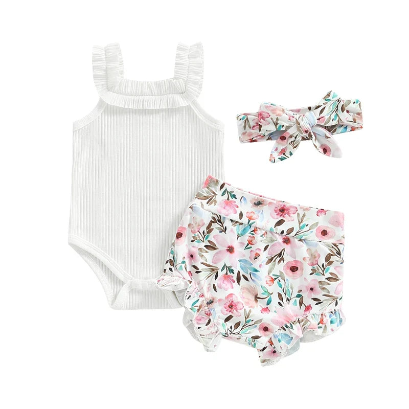 Baby Girls Shorts Set Sleeveless Romper Flower/Rainbow/ Print Shorts Hairband
