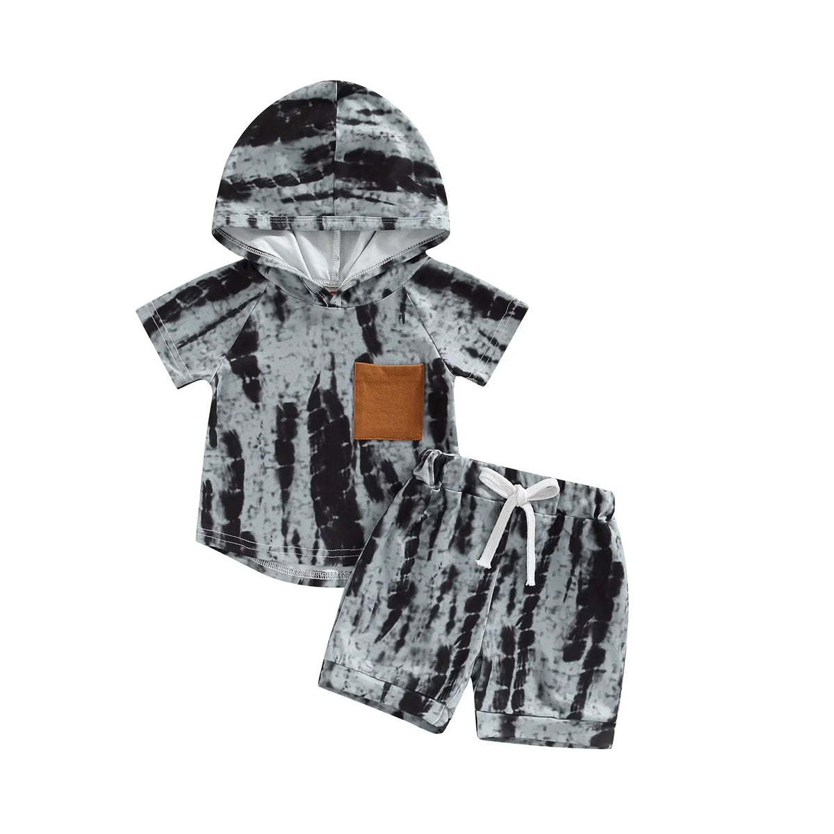 2Pcs Casual Clothing Set Short Sleeve Hooded Tie-Dye  Pritned Top and Shorts
