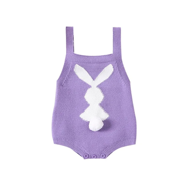 Bunny Print Square Neck Sleeveless Knit Rompers