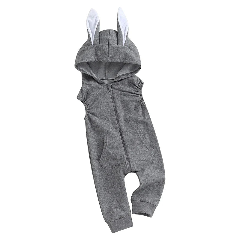 Bunny Ear Oneise  Zipper Hooded Bodysuit Jumpsuit