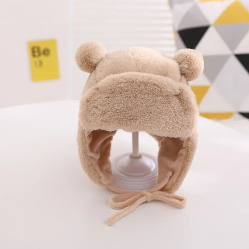 Cute Bear Baby Hat Soft Furry Ear Protection Kids Bonnet Hats with Earflaps Winter Warm Lined Infant Girl Boy Beanies Cap