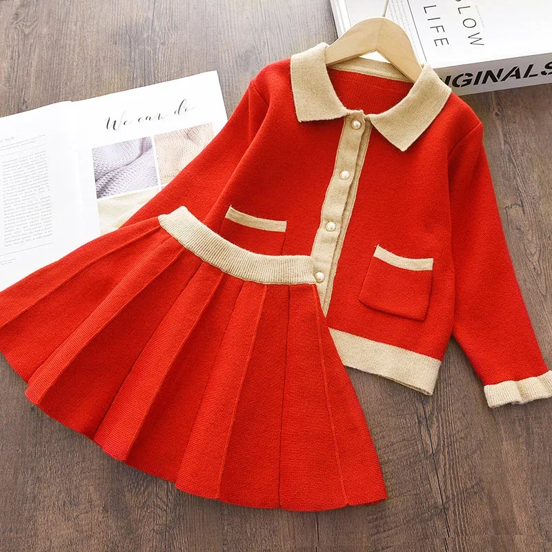 Bear Leader Kids Christmas Sweet Knitwear Suits Girls Baby Plaid Sweaters Coats Suspender Dress Outfits Princess Clothes Sets
